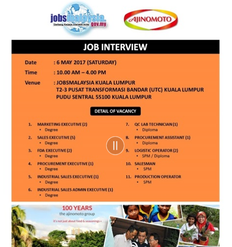 Job Vacancies 2017 at Ajinomoto Malaysia Berhad – Jawatan 